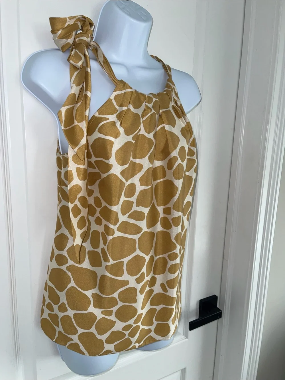 J.Crew 100% Silk Giraffe Print Tie Shoulder Tank Top Size 8 Mustard Beige